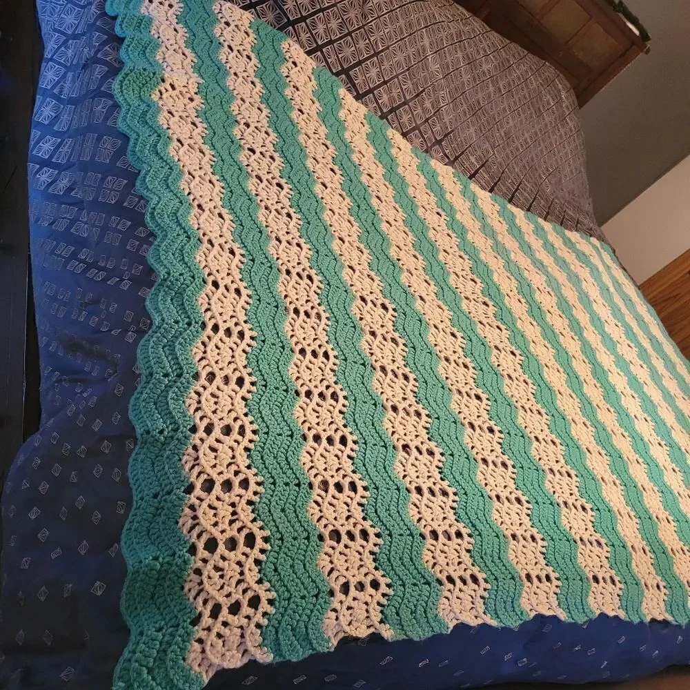 Vintage Afghan Crochet Handmade Teal & White Knit Blanket Throw